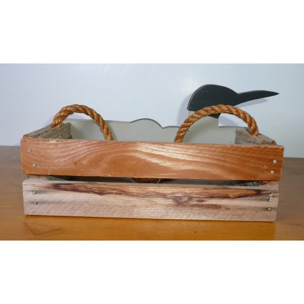 Rustic Hand Painted Wood Loon Bird Crate Box With Rope Handle Small Duck